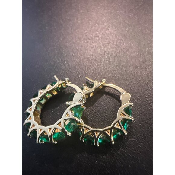 Gold Hoop Earrings With Emerald-Green Stones CZ Fashion Jewelry - Picture 2 of 4